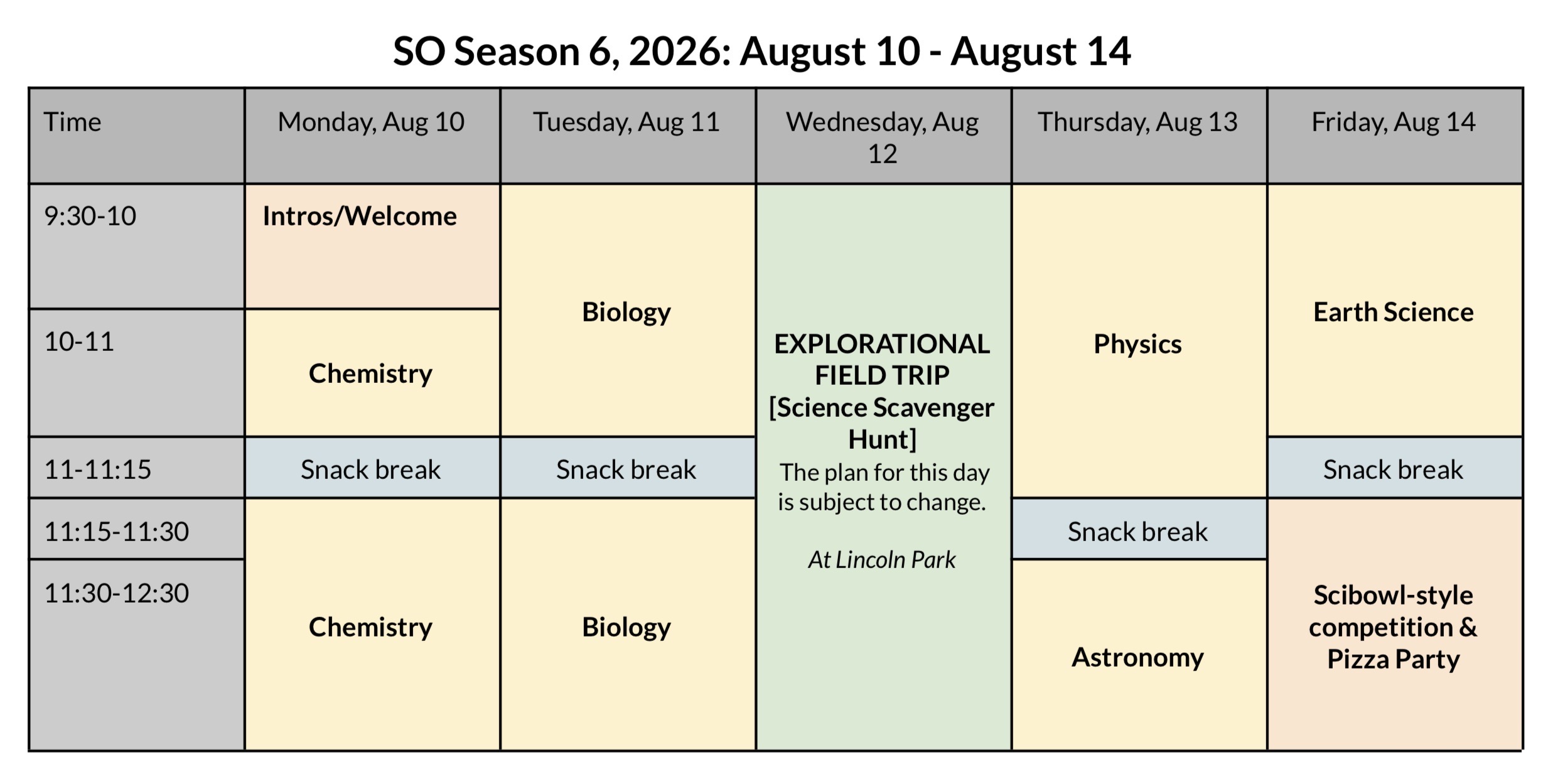 Schedule for Science Outdoors Season 6
